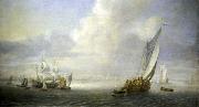 Abraham van der Hecken Seascape with a port in the background oil painting artist